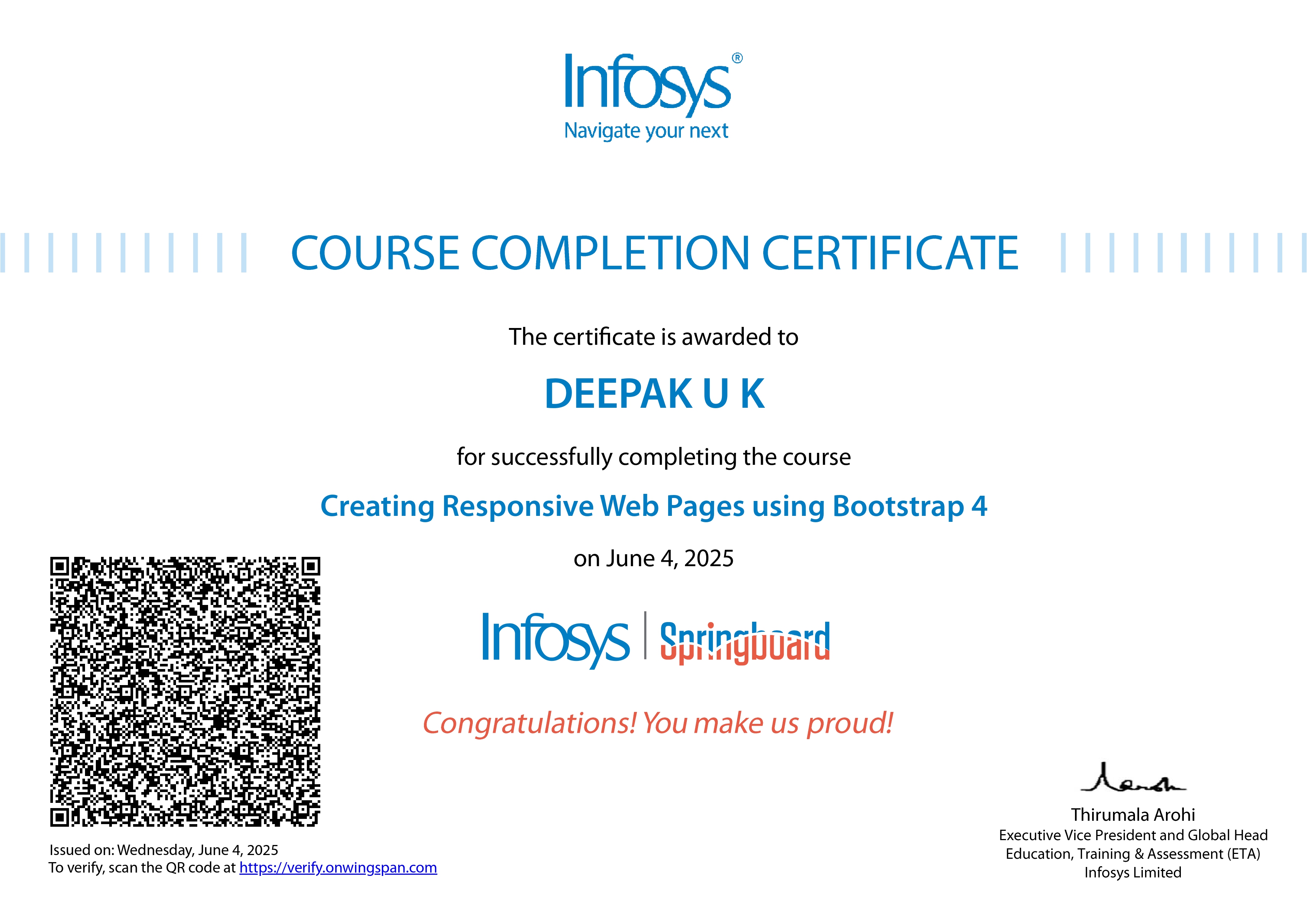 Bootstrap 4 Responsive Web Pages certificate from Infosys Springboard